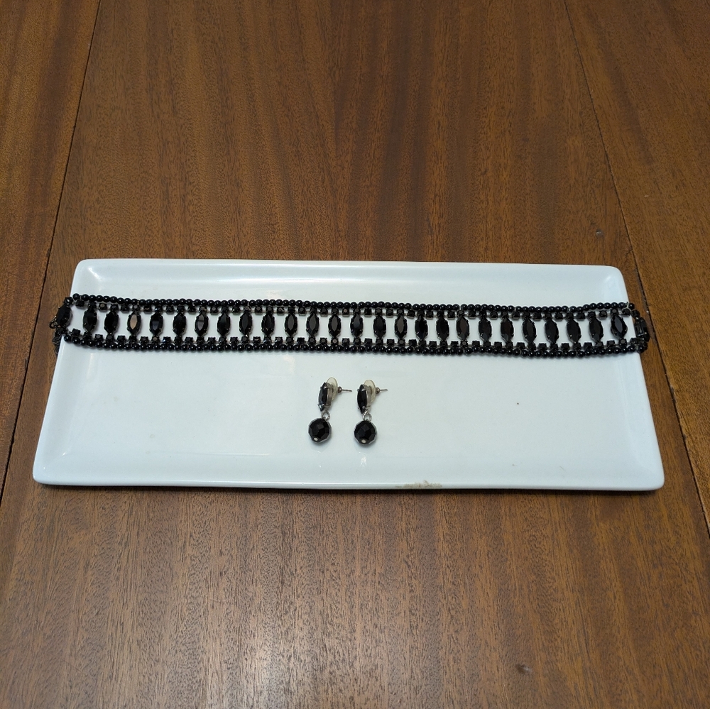 Vintage Sterling Silver & Black Glass Choker Necklace & Earrings.  Classy!
